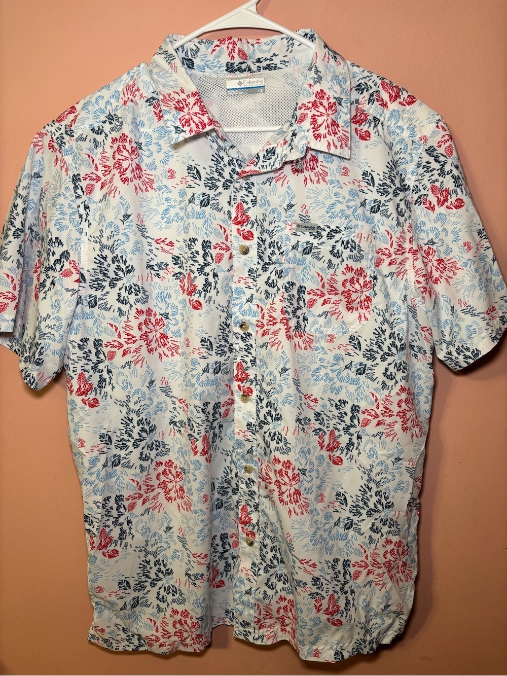 Columbia White Short-Sleeve Button-Down with Red & Blue Floral Print